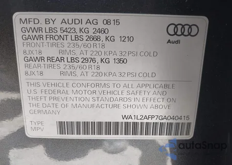2016 Audi Q5 2.0T Premium from USA, damaged, VIN WA1L2AFP7GA040415